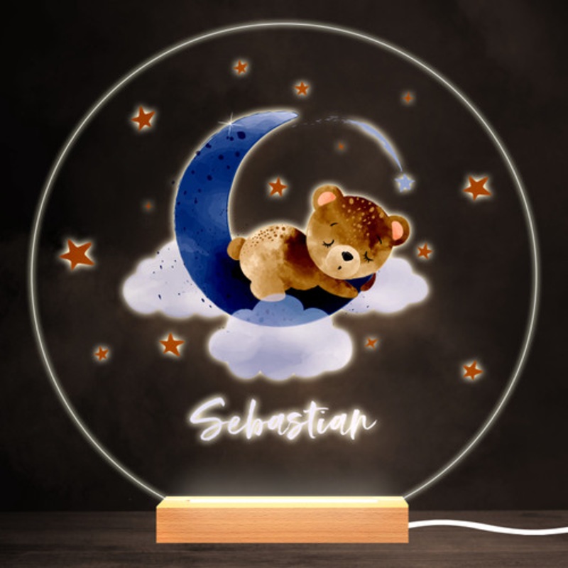 Watercolour Sleeping Teddy Bear Bright Round Personalised Gift Lamp Night Light – The Card Zoo