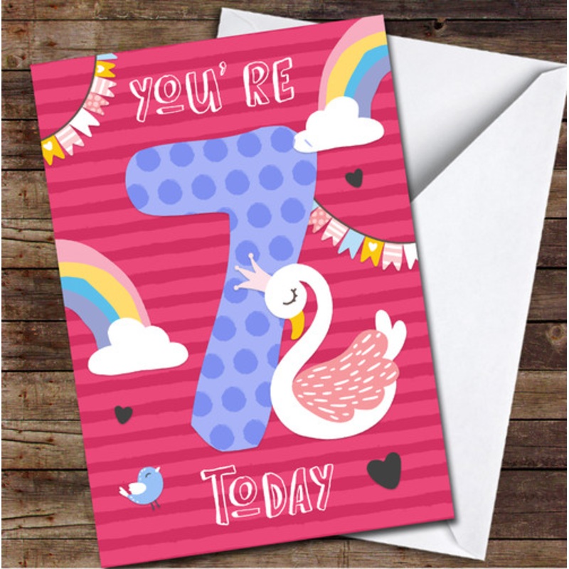 7th You’re 7 Today Girl Swan 7th Any Age Personalised Birthday Card – The Card Zoo