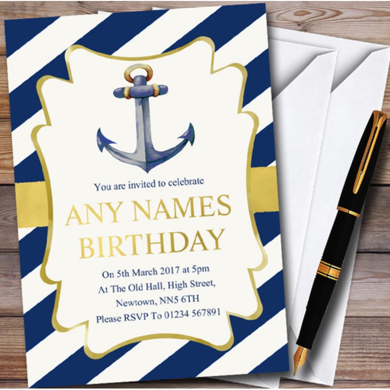 Gold and Blue Nautical Anchor Personalised Children’s Party Invitations – The Card Zoo