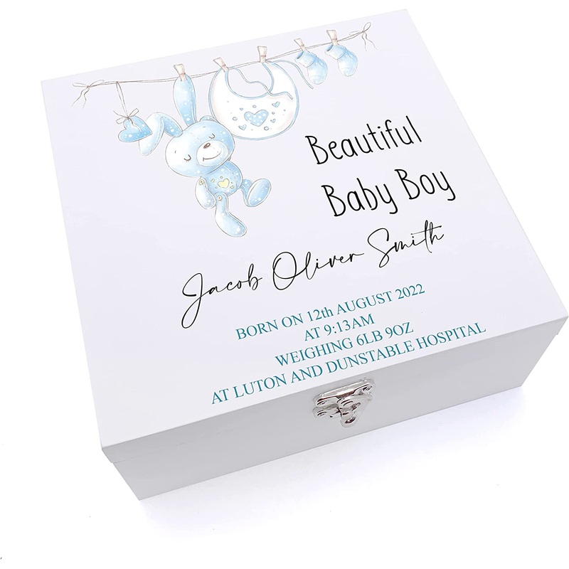 Personalised Beautiful Baby Boy Keepsake Wooden Box Gift With Cute Rabbit