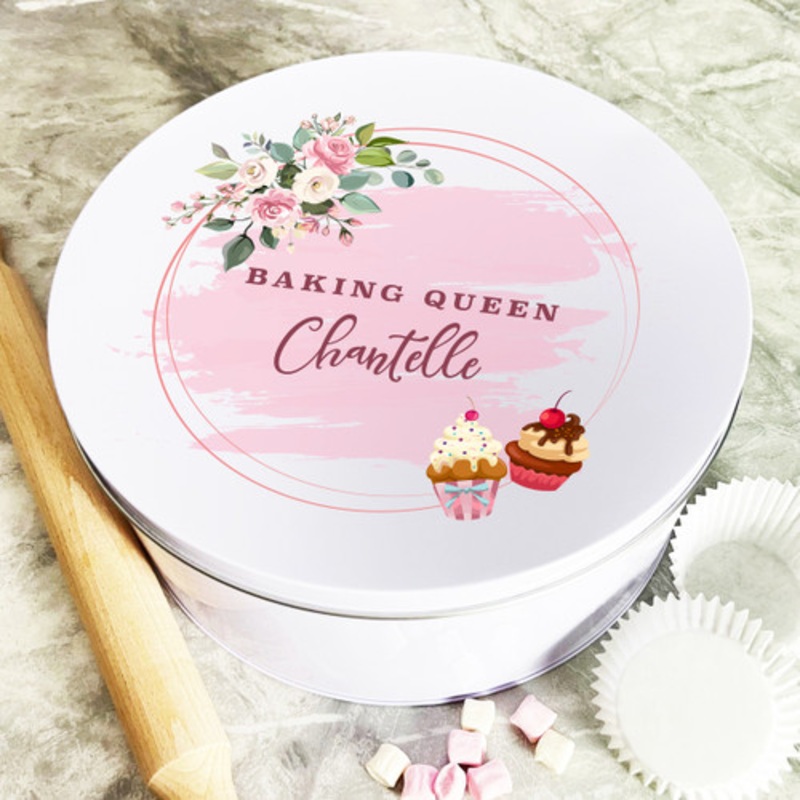 Personalised Round Pink Floral Baking Queen Biscuit Baking Treats Cake Tin – The Card Zoo