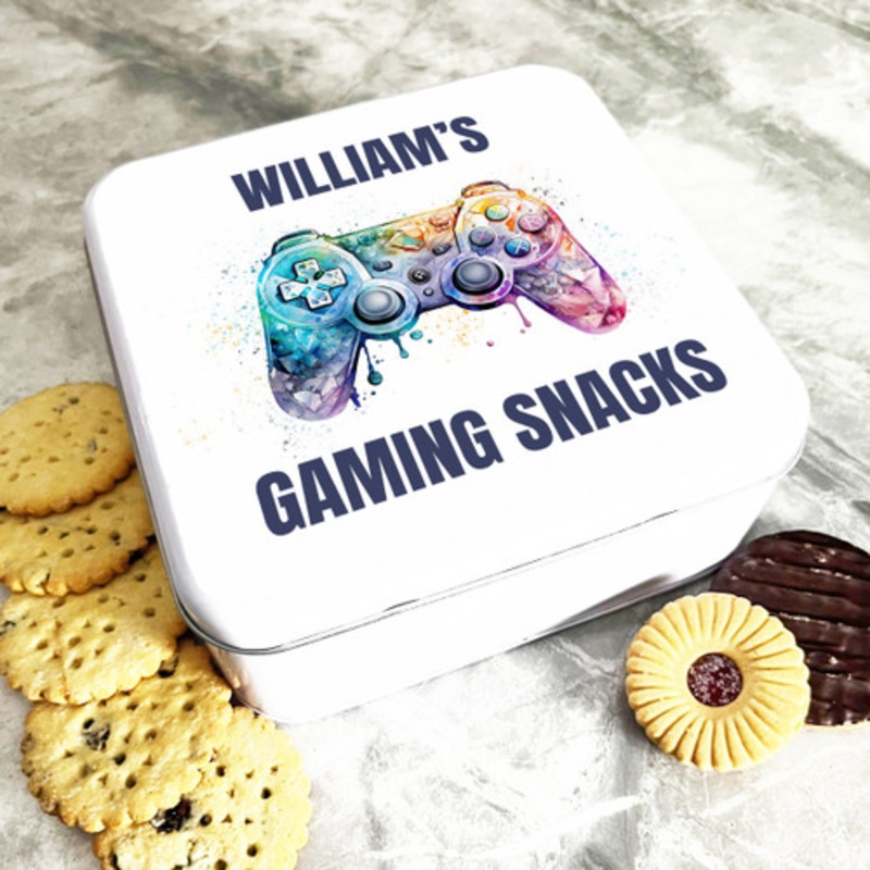 Square Watercolour Gaming Snacks Controller Personalised Treat Tin – The Card Zoo