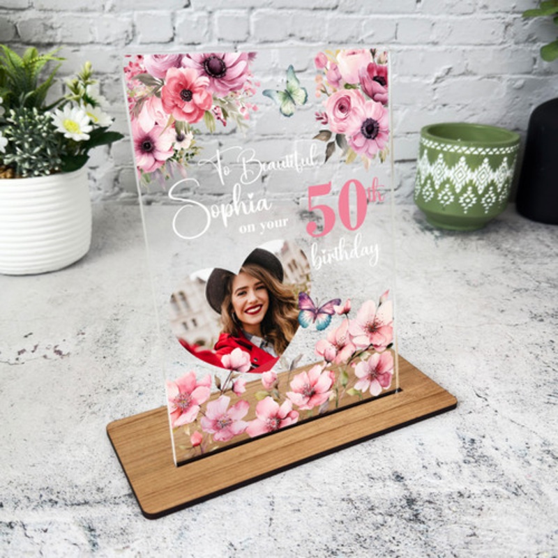 50th Birthday Gift For Her Pink Floral Heart Photo Personalised Gift Plaque – The Card Zoo
