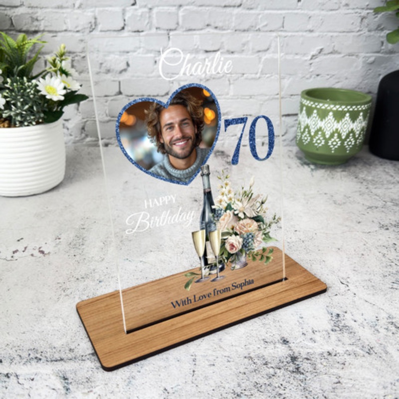70th Birthday Gift Floral Champagne Heart Photo Personalised Gift Acrylic Plaque – The Card Zoo