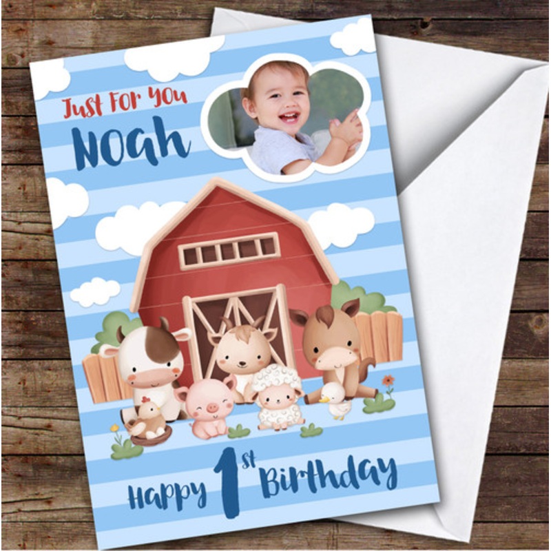 Animal Farm Blue Photo 1st Custom Personalised Birthday Card – The Card Zoo