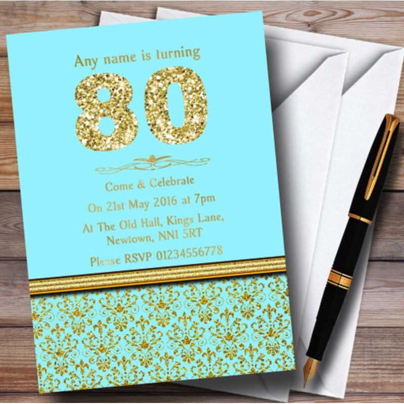 Aqua Sky Blue and Gold Vintage Damask 80th Personalised Birthday Party Invitations – The Card Zoo