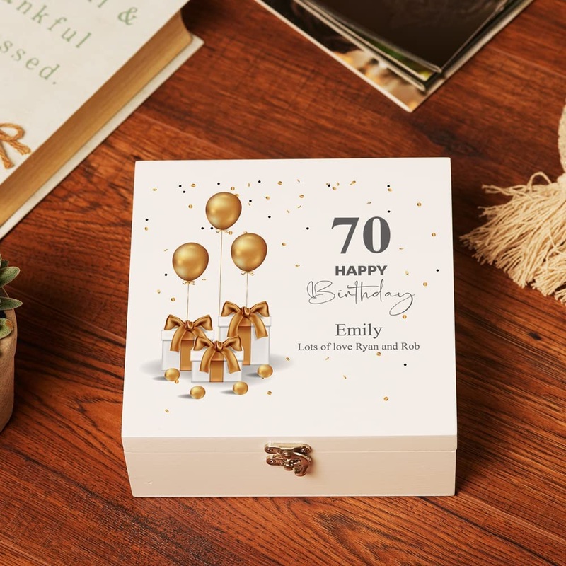 Personalised 70th Birthday Gift Large Keepsake Wooden Box Present Design.
