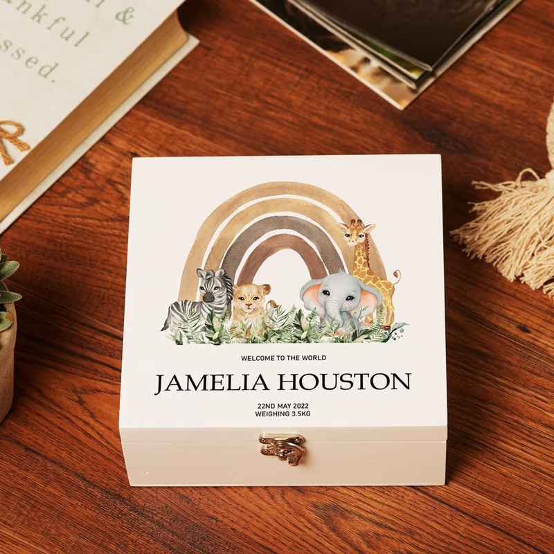 Personalised Jungle Safari Themed Baby Keepsake Large Wooden Gift Box