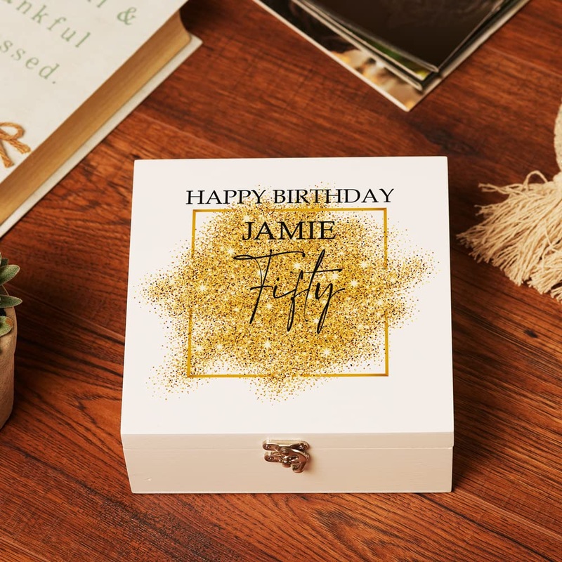 Personalised Medium 50th Birthday Gift Keepsake Wooden Box With Gold Sparkles