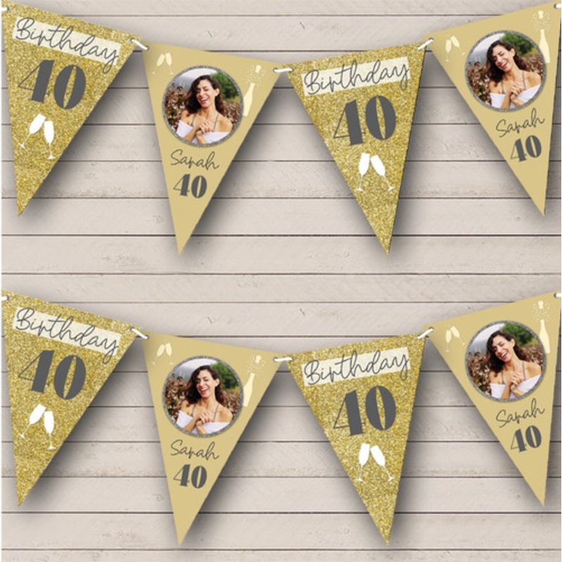 40th Birthday Girl Cheers Gold Glitter Photo Personalised Party Banner Bunting – The Card Zoo