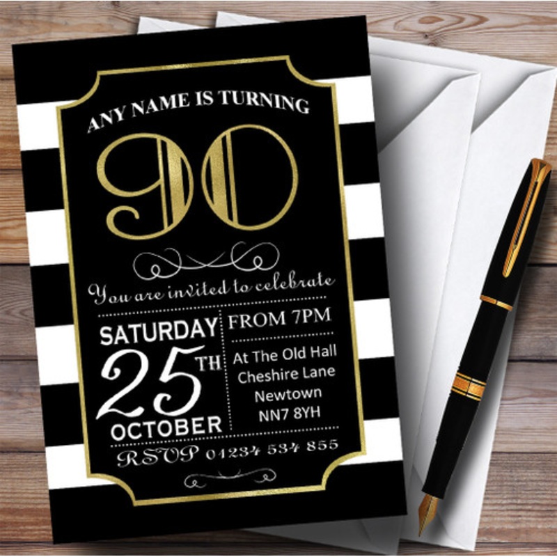 Black and White Stripy Gold 90th Personalised Birthday Party Invitations – The Card Zoo