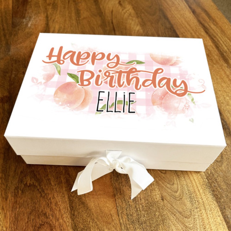 Checked Pink Peaches Happy Birthday Personalised Hamper Gift Box – The Card Zoo