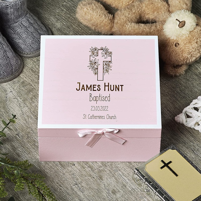 Personalised Baptism Pink Keepsake Box With Cross Design