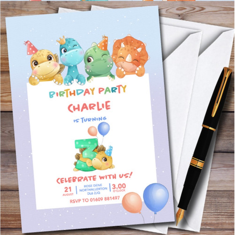 Cute Dinosaurs 3rd Personalised Children’s Kids Birthday Party Invitations – The Card Zoo