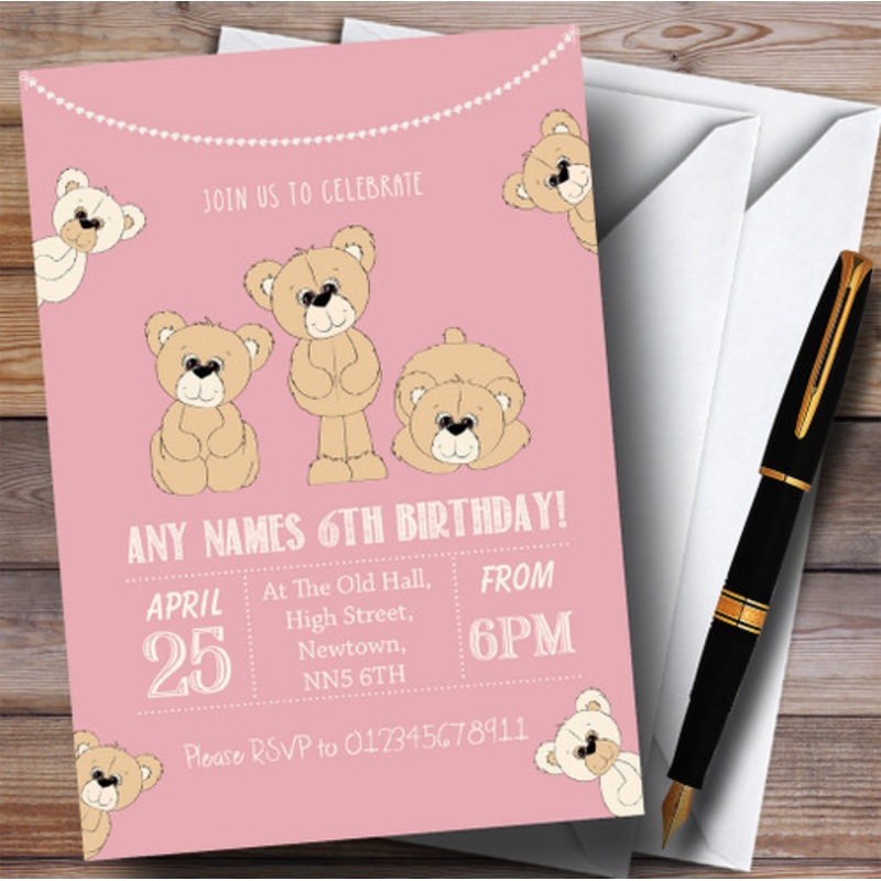 Cute Teddy Bears Pink Children’s Birthday Party Invitations – The Card Zoo