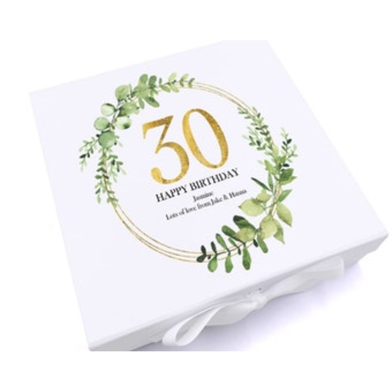 Personalised 30th Birthday Gift for her Keepsake Memory Box Gold Wreath Design