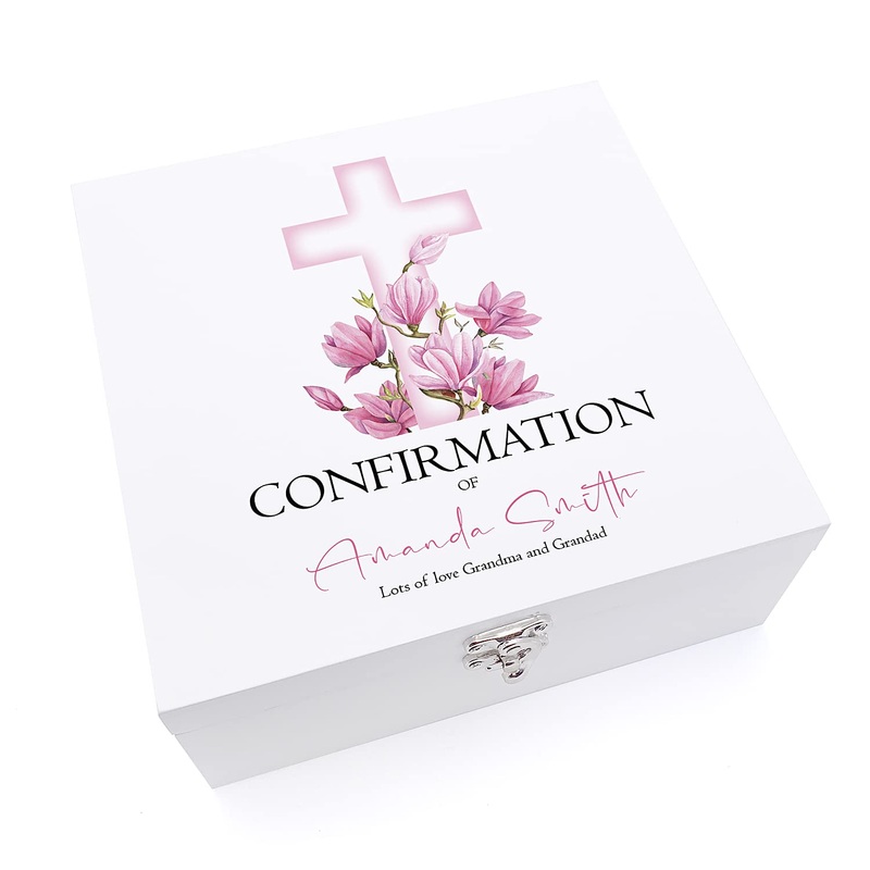Personalised Confirmation Day Wooden Keepsake Memory Box With Pink Cross