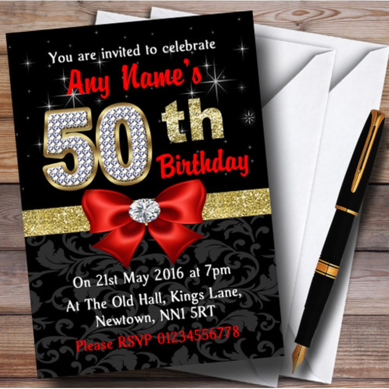 Red Black Gold Diamond 50th Birthday Party Personalised Invitations – The Card Zoo
