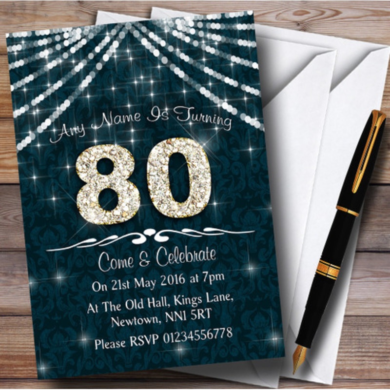 80th Turquoise and White Bling Sparkle Birthday Party Personalised Invitations – The Card Zoo