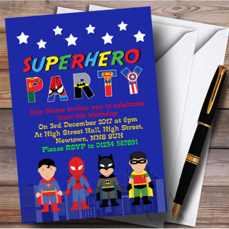 Blue Skyline Superhero Children’s Birthday Party Invitations – The Card Zoo