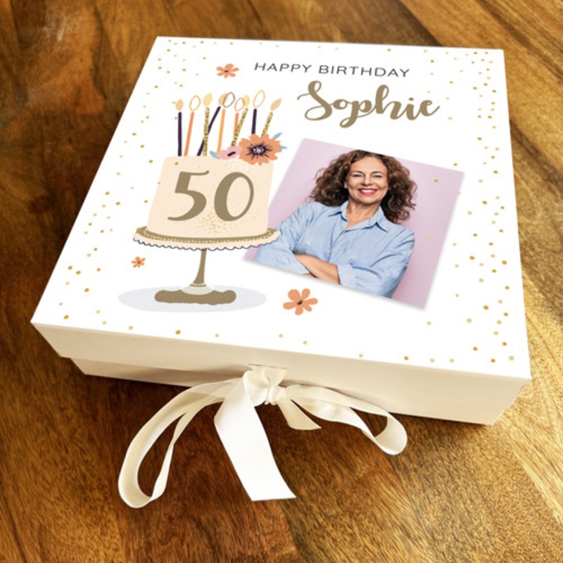 Cake Peach Photo Any Age 50th Square Personalised Keepsake Birthday Gift Box – The Card Zoo