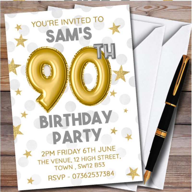Gold Balloons and Stars 90th Personalised Birthday Party Invitations – The Card Zoo