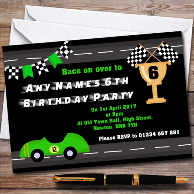 Green Racing Car and Flag Children’s Birthday Party Invitations – The Card Zoo