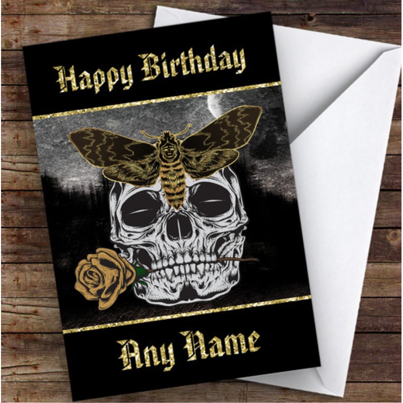 Moth On Skull Holding Rose Gothic Personalised Birthday Card – The Card Zoo