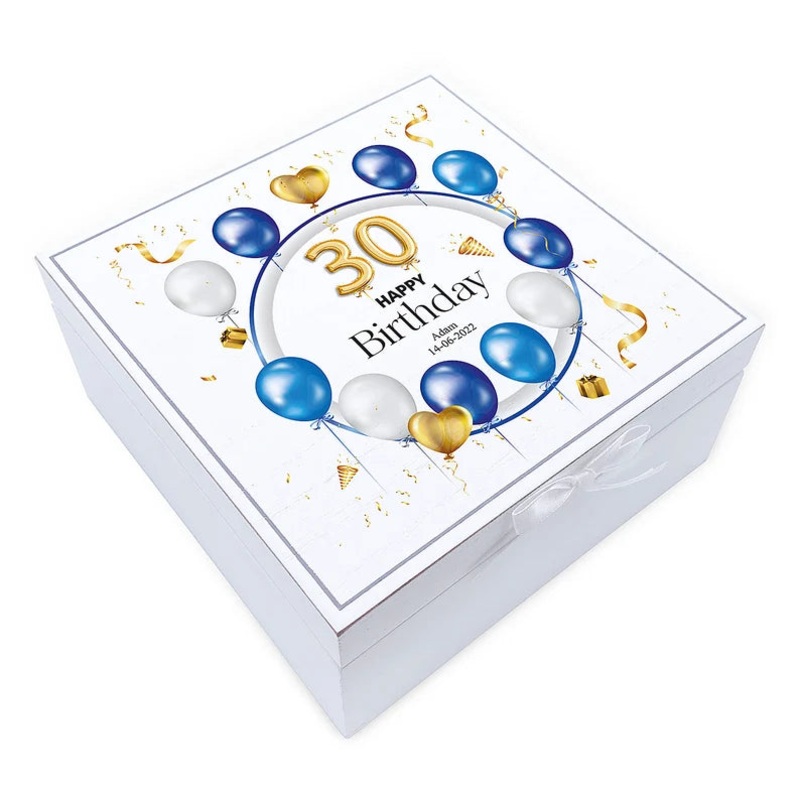 Personalised 30th Birthday Vintage Wooden Box Gift With Blue Balloons