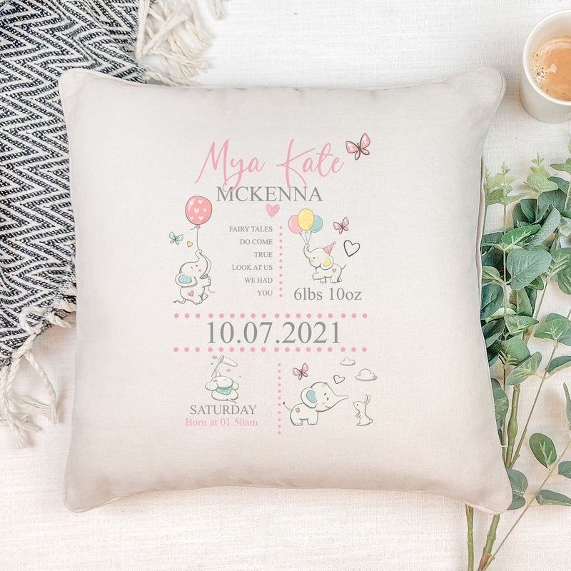 Personalised Baby Girl Elephants Design Cushion Gift