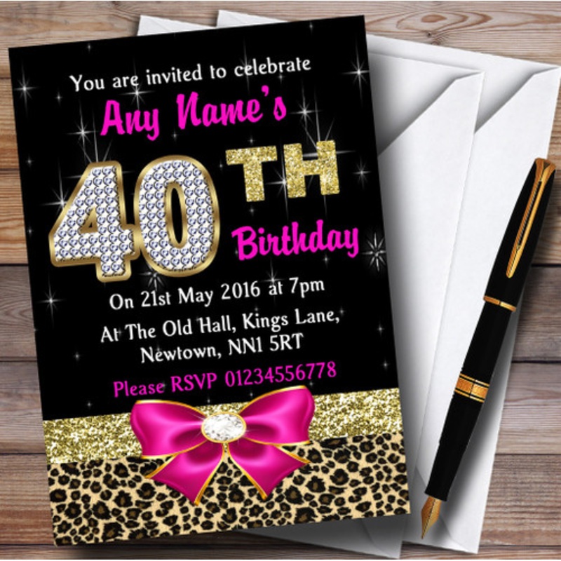 Pink Diamond And Leopard Print 40th Birthday Party Personalised Invitations – The Card Zoo