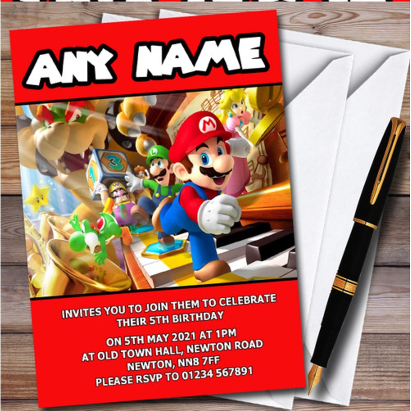 Red Super Mario Personalised Children’s Kids Birthday Party Invitations – The Card Zoo