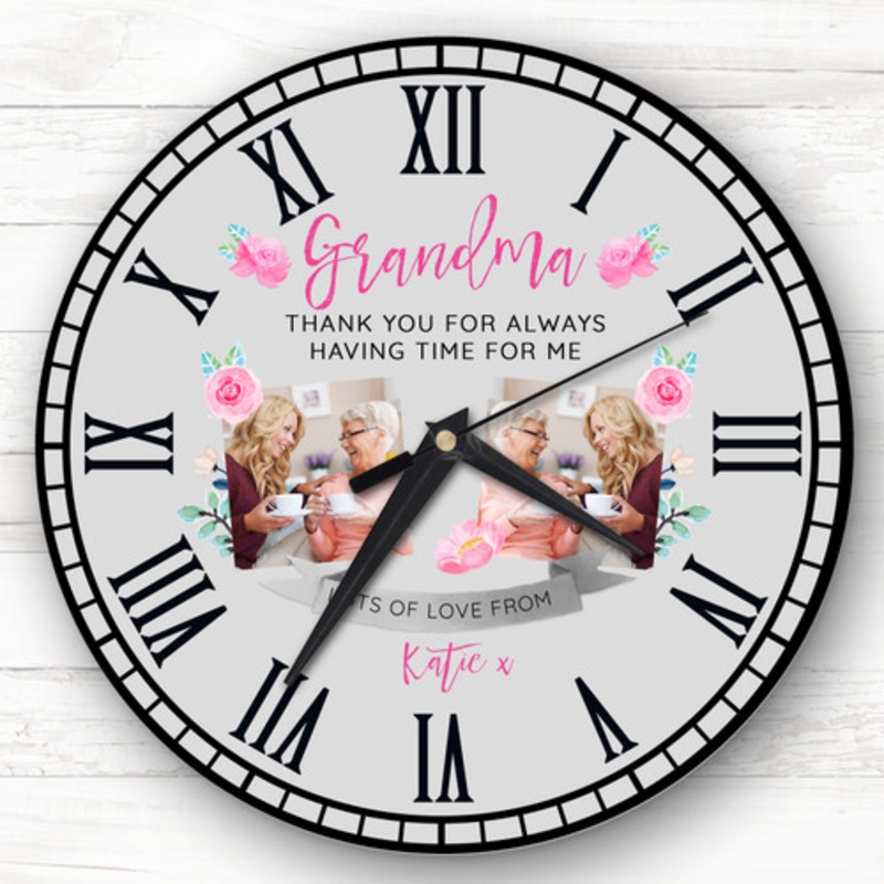 Grandma Photo Flowers Grey Personalised Gift Personalised Clock – The Card Zoo