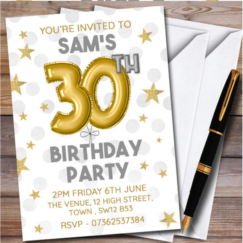 Gold Balloons and Stars 30th Personalised Birthday Party Invitations – The Card Zoo