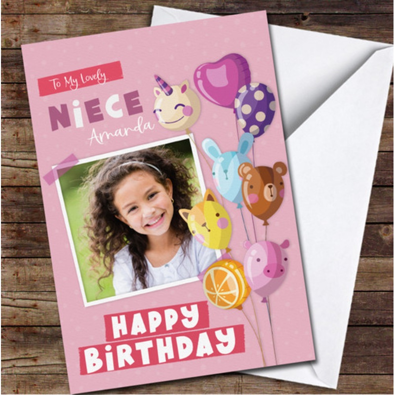 Lovely Niece Pink Cute Animals Balloons Photo Frame Personalised Birthday Card – The Card Zoo