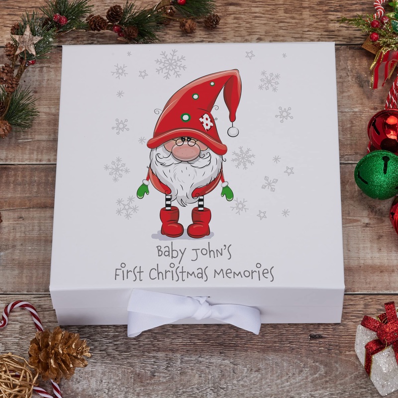 Personalised Baby’s First Christmas Keepsake Box With Santa Gnome