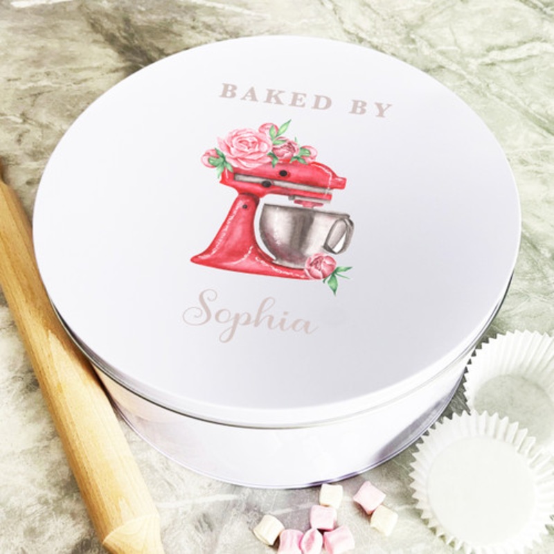 Personalised Round Flowers Mixer Baked By Biscuit Baking Treats Sweets Cake Tin – The Card Zoo