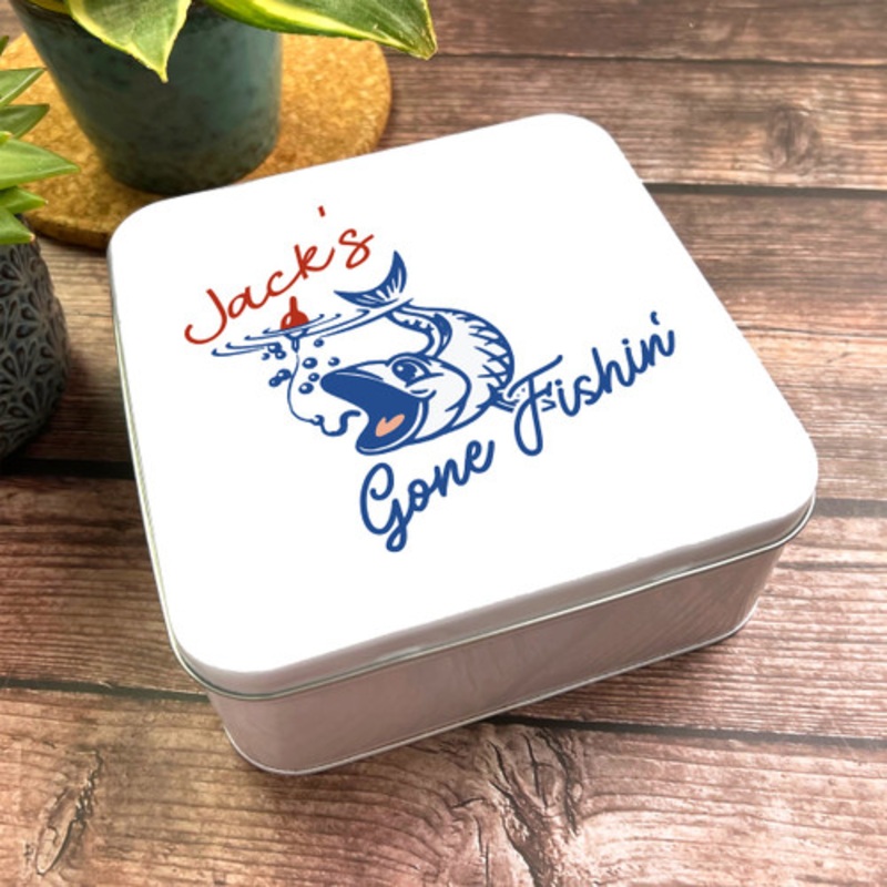 Square Blue Retro Happy Fish Red Bobber Personalised Gone Fishing’ Bait Tin – The Card Zoo