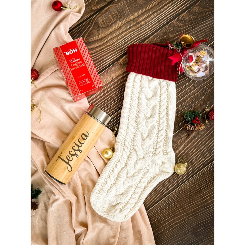Scarlet Delights Set B | Christmas 2023 Knitted Decoration Socks With Customizable Thermal Flask & English Breakfast Tea (Nationwide Delivery)