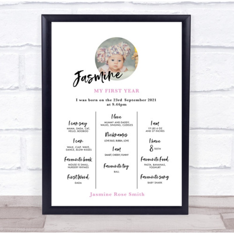1st Birthday First Year Baby Milestones Achievements Interests Girl Photo Print – The Card Zoo
