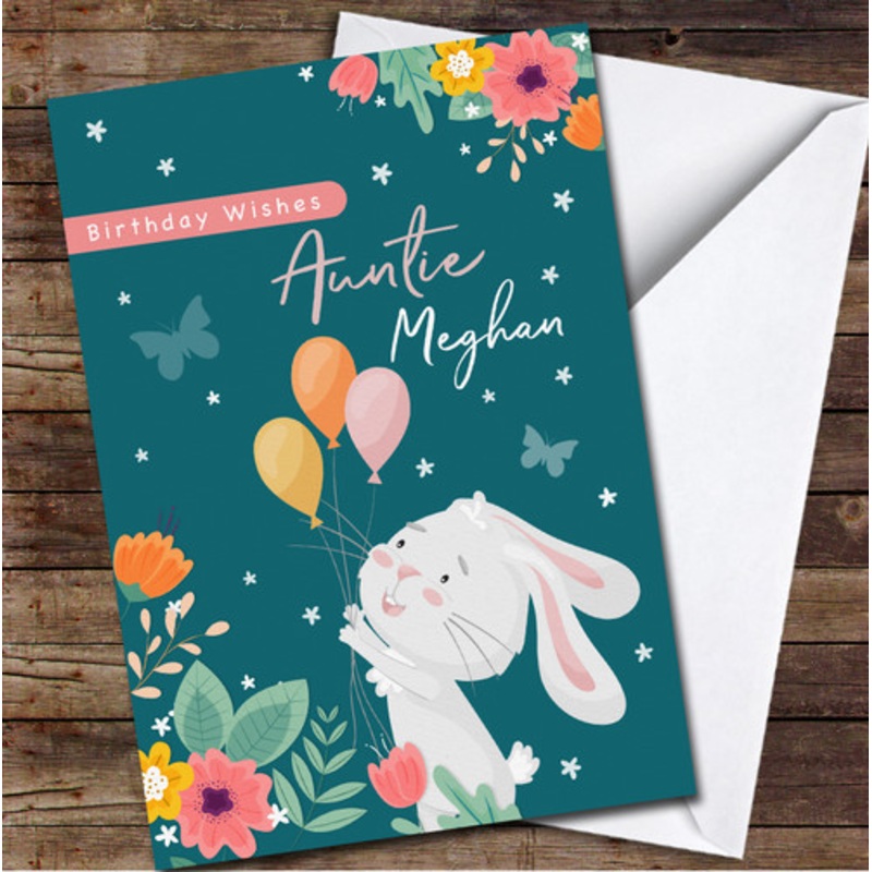 Auntie Pink Cute Rabbit Holding Balloons Floral Teal Personalised Birthday Card – The Card Zoo