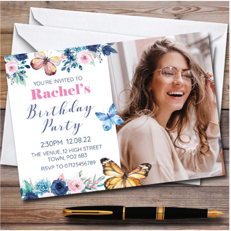 Butterfly Floral Blue Photo Personalised Birthday Party Invitations – The Card Zoo
