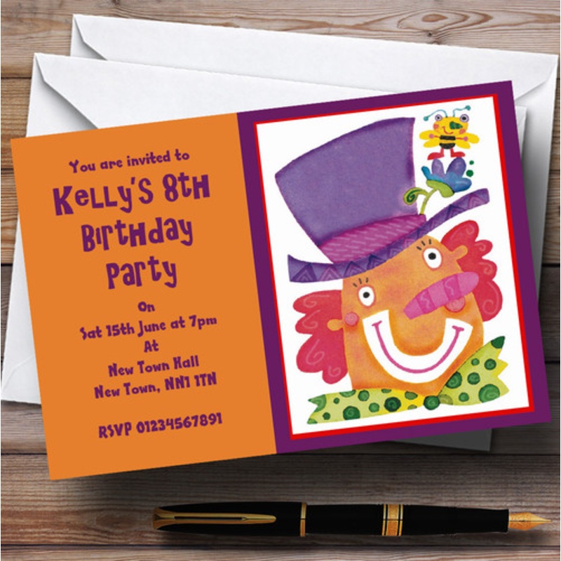 Clown Orange Purple Personalised Party Invitations – The Card Zoo