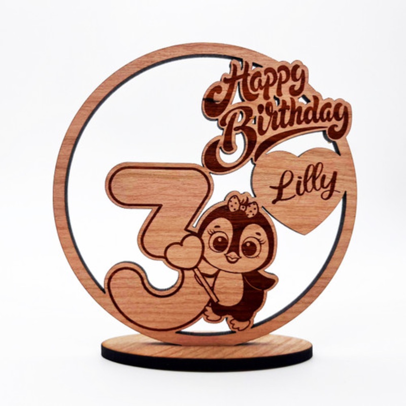 Engraved Wood Kids Penguin 3rd Happy Birthday Heart Keepsake Personalised Gift – The Card Zoo