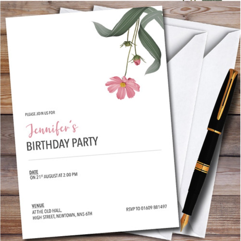 Modern Simple Pink Flower Personalised Birthday Party Invitations – The Card Zoo
