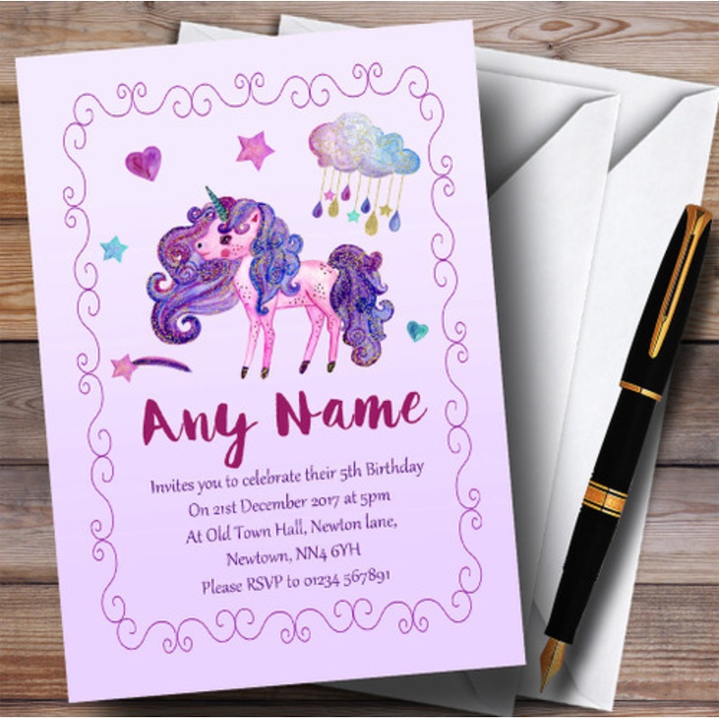 Pretty Glitter Purple Unicorn Children’s Birthday Party Invitations – The Card Zoo