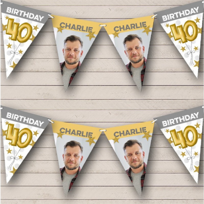 40th Birthday Balloons Photo Gold Grey Stars Personalised Party Banner Bunting – The Card Zoo