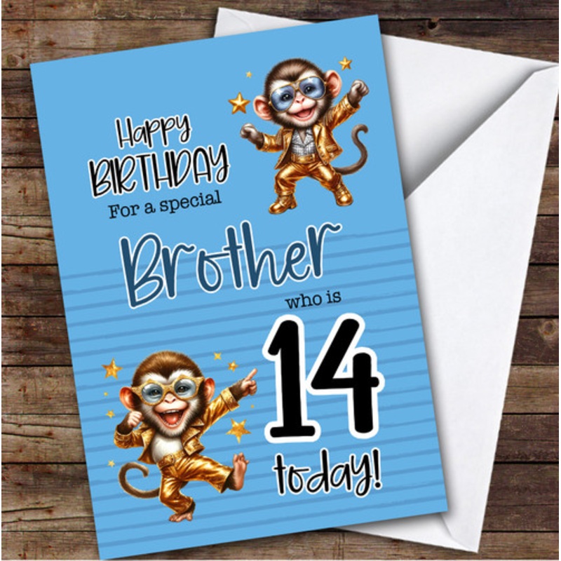 Brother 14th Blue Dancing Monkeys Teenager Boys Personalised Birthday Card – The Card Zoo