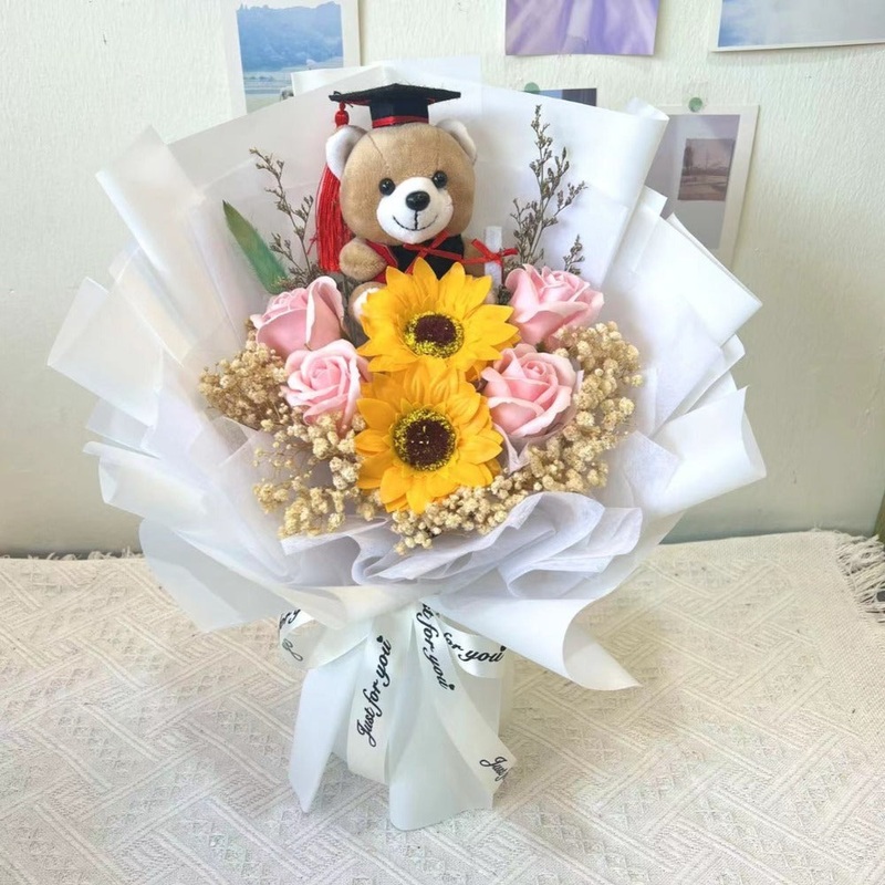 Graduation Bear with Soap Rose Sunflower Bouquet (West Malaysia Delivery Only)