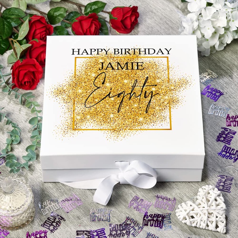 Personalised 80th Birthday Gift Keepsake Memory Box Gold Sparkles Design